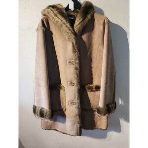 Dennis Basso Womens Camel Brown Suede Faux Fur Trim Jacket Winter Coat M READ